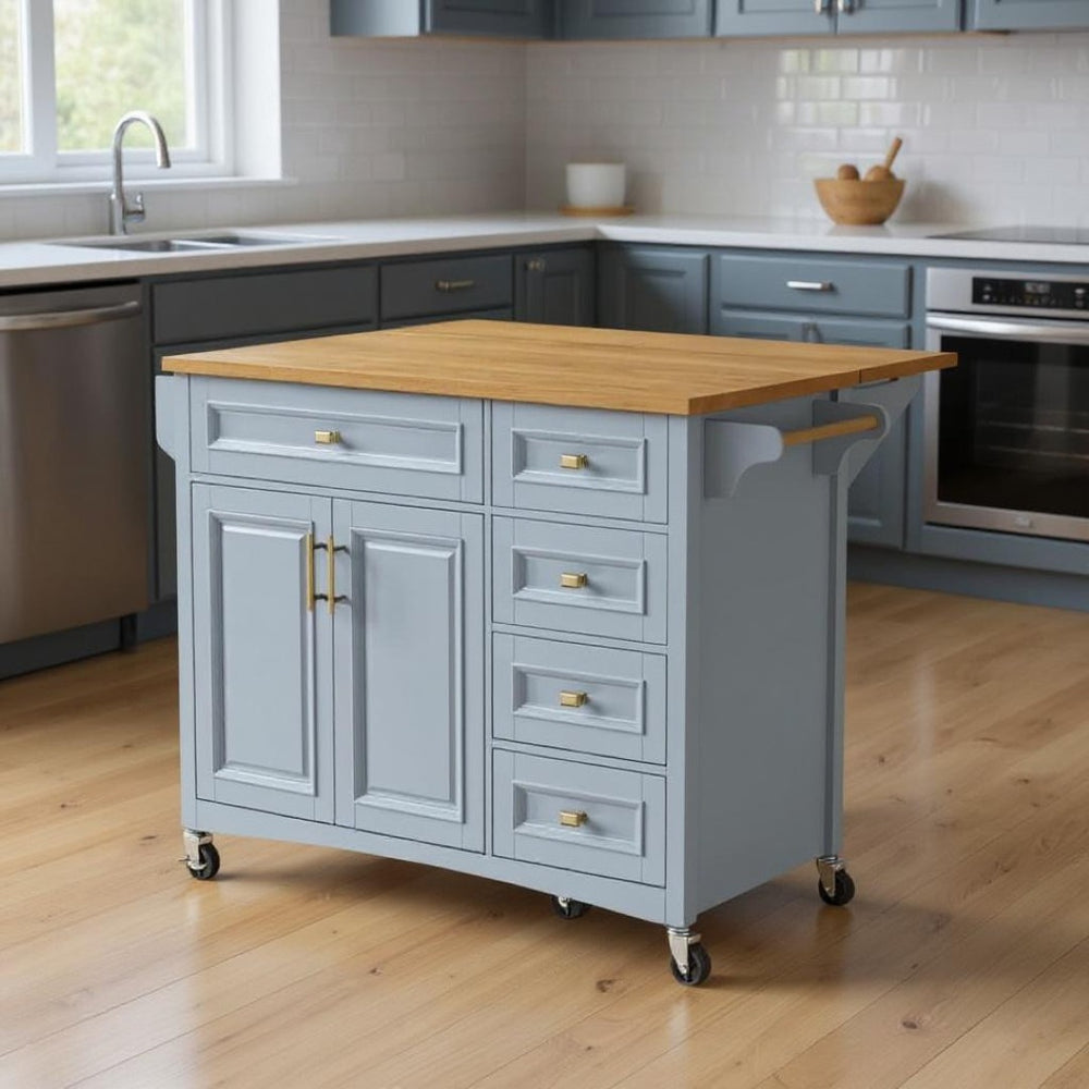 HomeRoots 52" Light Blue Wood Barn Door Rolling Kitchen Island - Stylish, Mobile Storage for Farmhouse Charm! 654037