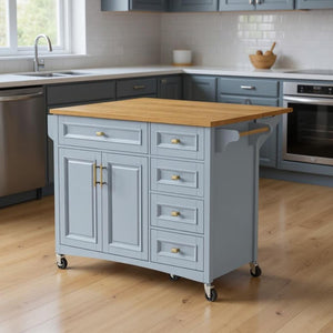 HomeRoots 52" Light Blue Wood Barn Door Rolling Kitchen Island - Stylish, Mobile Storage for Farmhouse Charm! 654037