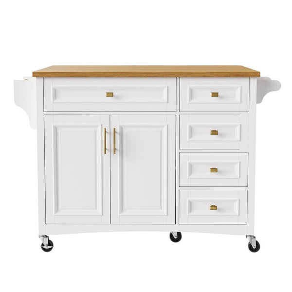 HomeRoots 52" White Wood Barn Door Kitchen Island - Versatile Rolling Cart with Drop Leaf & Locking Casters 654038