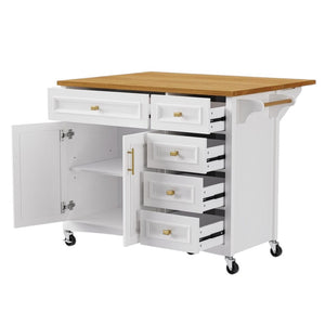 HomeRoots 52" White Wood Barn Door Kitchen Island - Versatile Rolling Cart with Drop Leaf & Locking Casters 654038