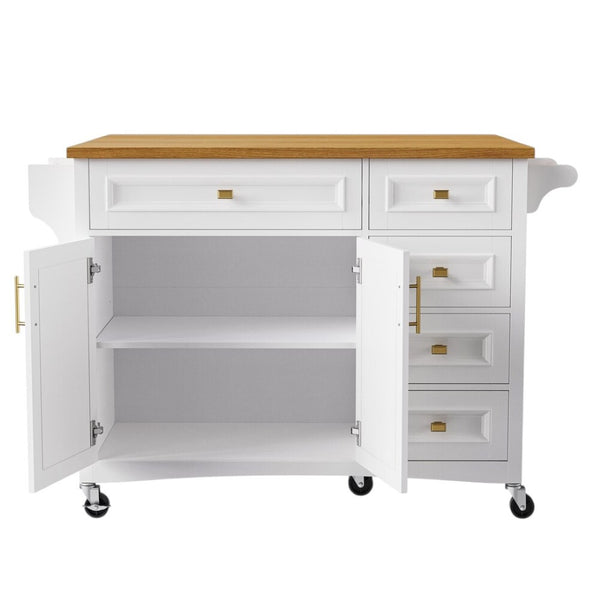 HomeRoots 52" White Wood Barn Door Kitchen Island - Versatile Rolling Cart with Drop Leaf & Locking Casters 654038