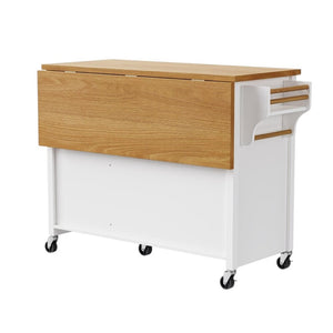 HomeRoots 52" White Wood Barn Door Kitchen Island - Versatile Rolling Cart with Drop Leaf & Locking Casters 654038