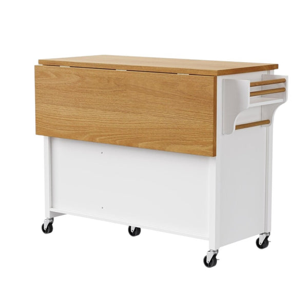 HomeRoots 52" White Wood Barn Door Kitchen Island - Versatile Rolling Cart with Drop Leaf & Locking Casters 654038