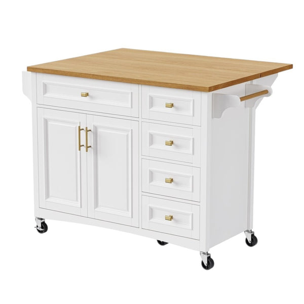 HomeRoots 52" White Wood Barn Door Kitchen Island - Versatile Rolling Cart with Drop Leaf & Locking Casters 654038