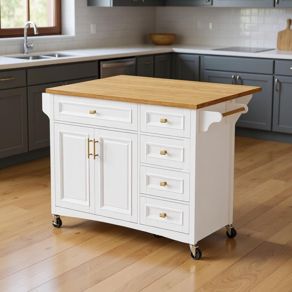 HomeRoots 52" White Wood Barn Door Kitchen Island - Versatile Rolling Cart with Drop Leaf & Locking Casters 654038