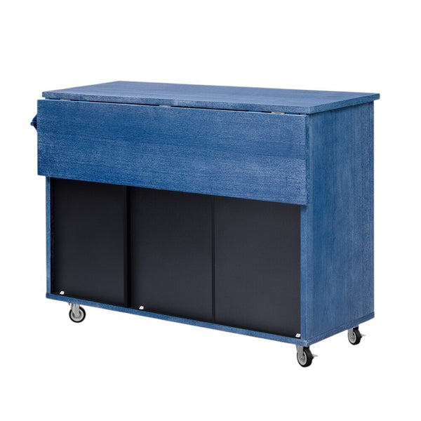 HomeRoots 51" Blue Wood Barn Door Rolling Kitchen Island – Expandable with Storage, Rustic Charm & Mobility! 654039