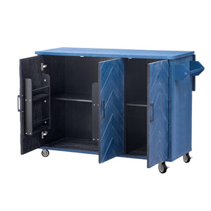 HomeRoots 51" Blue Wood Barn Door Rolling Kitchen Island – Expandable with Storage, Rustic Charm & Mobility! 654039
