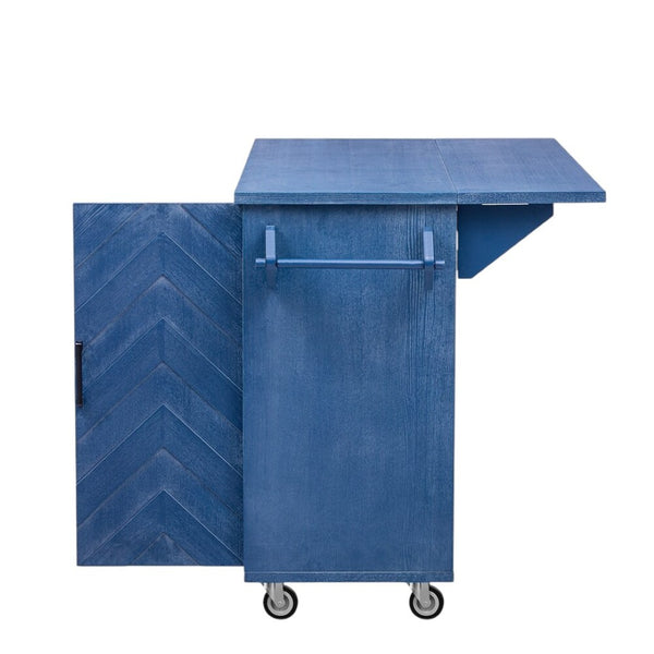 HomeRoots 51" Blue Wood Barn Door Rolling Kitchen Island – Expandable with Storage, Rustic Charm & Mobility! 654039