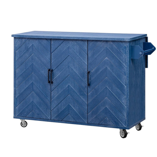 HomeRoots 51" Blue Wood Barn Door Rolling Kitchen Island – Expandable with Storage, Rustic Charm & Mobility! 654039