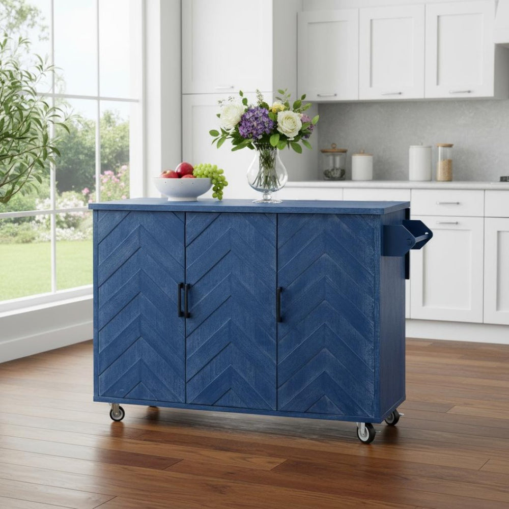 HomeRoots 51" Blue Wood Barn Door Rolling Kitchen Island – Expandable with Storage, Rustic Charm & Mobility! 654039