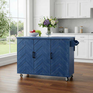 HomeRoots 51" Blue Wood Barn Door Rolling Kitchen Island – Expandable with Storage, Rustic Charm & Mobility! 654039