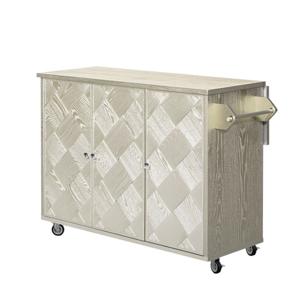 HomeRoots 51" Champagne Wood Barn Door Kitchen Island - Stylish Rolling Utility Cart with Ample Storage & Mobility 654040