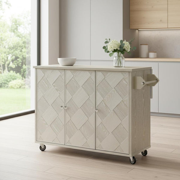 HomeRoots 51" Champagne Wood Barn Door Kitchen Island - Stylish Rolling Utility Cart with Ample Storage & Mobility 654040