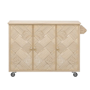 HomeRoots 51" Natural Wood Rolling Kitchen Island with Barn Door Design - Expandable, Mobile & Stylish Storage Solution 654041