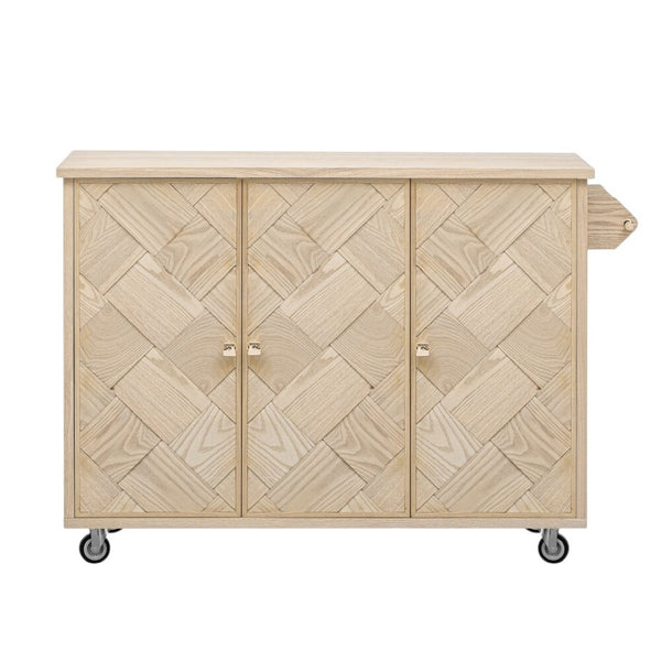 HomeRoots 51" Natural Wood Rolling Kitchen Island with Barn Door Design - Expandable, Mobile & Stylish Storage Solution 654041