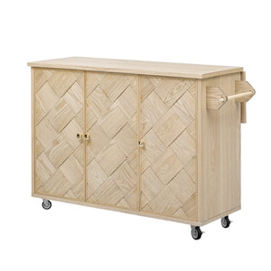 HomeRoots 51" Natural Wood Rolling Kitchen Island with Barn Door Design - Expandable, Mobile & Stylish Storage Solution 654041