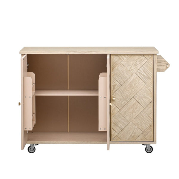 HomeRoots 51" Natural Wood Rolling Kitchen Island with Barn Door Design - Expandable, Mobile & Stylish Storage Solution 654041