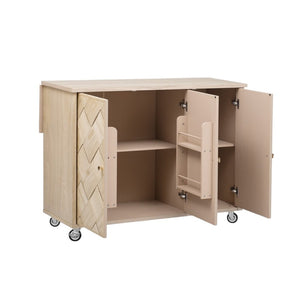 HomeRoots 51" Natural Wood Rolling Kitchen Island with Barn Door Design - Expandable, Mobile & Stylish Storage Solution 654041
