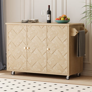 HomeRoots 51" Natural Wood Rolling Kitchen Island with Barn Door Design - Expandable, Mobile & Stylish Storage Solution 654041