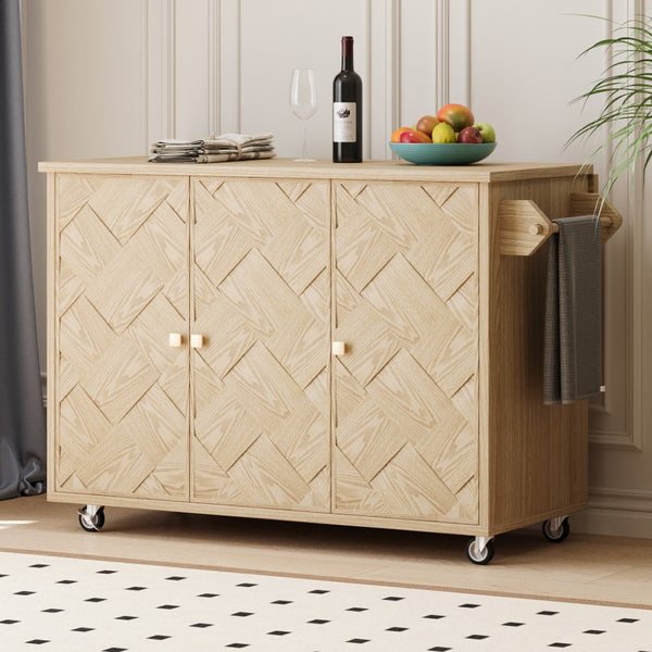HomeRoots 51" Natural Wood Rolling Kitchen Island with Barn Door Design - Expandable, Mobile & Stylish Storage Solution 654041