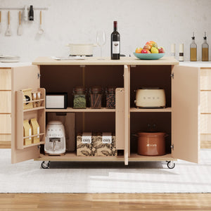 HomeRoots 51" Natural Wood Rolling Kitchen Island with Barn Door Design - Expandable, Mobile & Stylish Storage Solution 654041