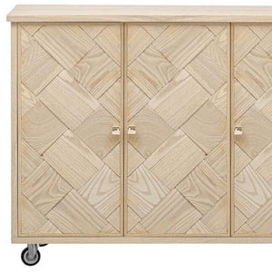 HomeRoots 51" Natural Wood Rolling Kitchen Island with Barn Door Design - Expandable, Mobile & Stylish Storage Solution 654041