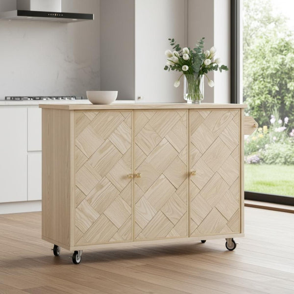 HomeRoots 51" Natural Wood Rolling Kitchen Island with Barn Door Design - Expandable, Mobile & Stylish Storage Solution 654041