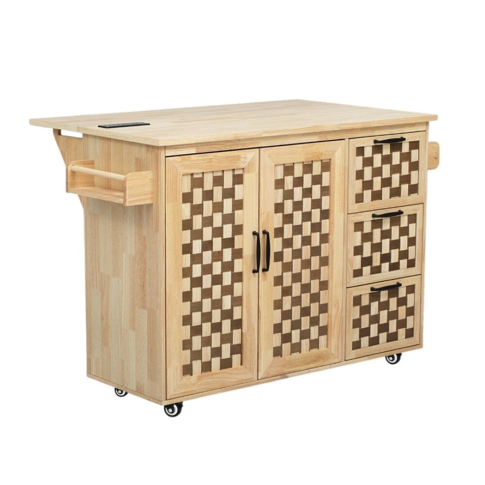 HomeRoots 53" Natural Wood Rolling Kitchen Island with USB, Expanding Workspace, Rustic Charm & Ample Storage 654042