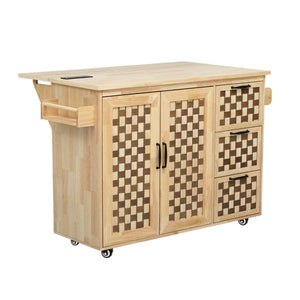HomeRoots 53" Natural Wood Rolling Kitchen Island with USB, Expanding Workspace, Rustic Charm & Ample Storage 654042