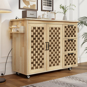 HomeRoots 53" Natural Wood Rolling Kitchen Island with USB, Expanding Workspace, Rustic Charm & Ample Storage 654042