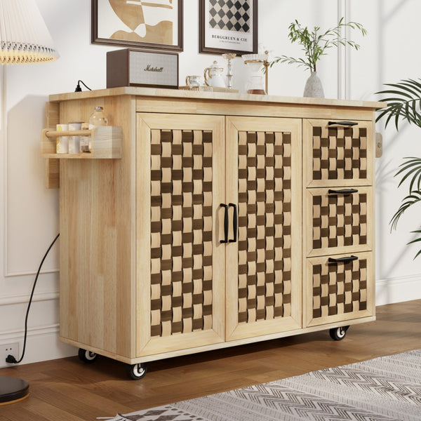 HomeRoots 53" Natural Wood Rolling Kitchen Island with USB, Expanding Workspace, Rustic Charm & Ample Storage 654042