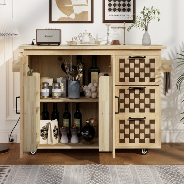 HomeRoots 53" Natural Wood Rolling Kitchen Island with USB, Expanding Workspace, Rustic Charm & Ample Storage 654042