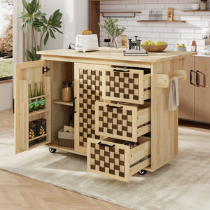 HomeRoots 53" Natural Wood Rolling Kitchen Island with USB, Expanding Workspace, Rustic Charm & Ample Storage 654042