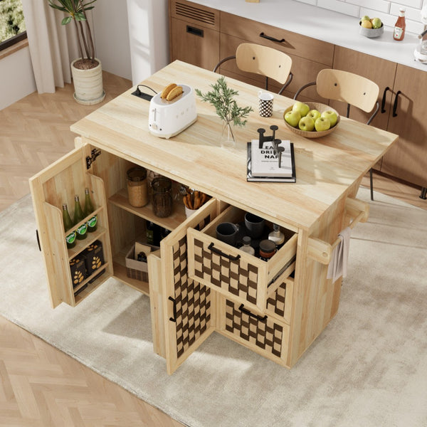 HomeRoots 53" Natural Wood Rolling Kitchen Island with USB, Expanding Workspace, Rustic Charm & Ample Storage 654042