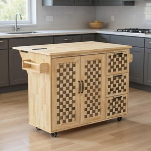 HomeRoots 53" Natural Wood Rolling Kitchen Island with USB, Expanding Workspace, Rustic Charm & Ample Storage 654042