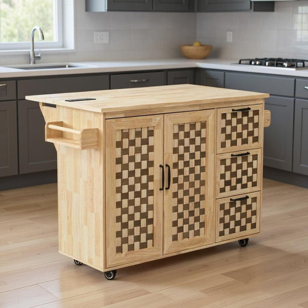HomeRoots 53" Natural Wood Rolling Kitchen Island with USB, Expanding Workspace, Rustic Charm & Ample Storage 654042