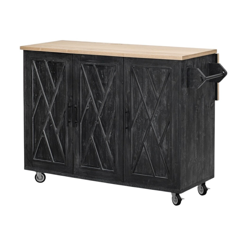 HomeRoots 51" Black Wood Barn Door Kitchen Island - Rustic Charm with Expandable Workspace & Ample Storage 654043