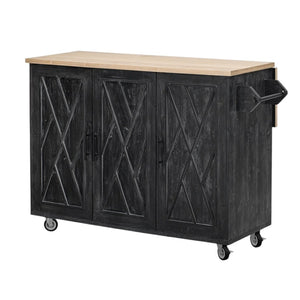 HomeRoots 51" Black Wood Barn Door Kitchen Island - Rustic Charm with Expandable Workspace & Ample Storage 654043