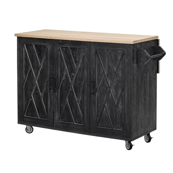 HomeRoots 51" Black Wood Barn Door Kitchen Island - Rustic Charm with Expandable Workspace & Ample Storage 654043