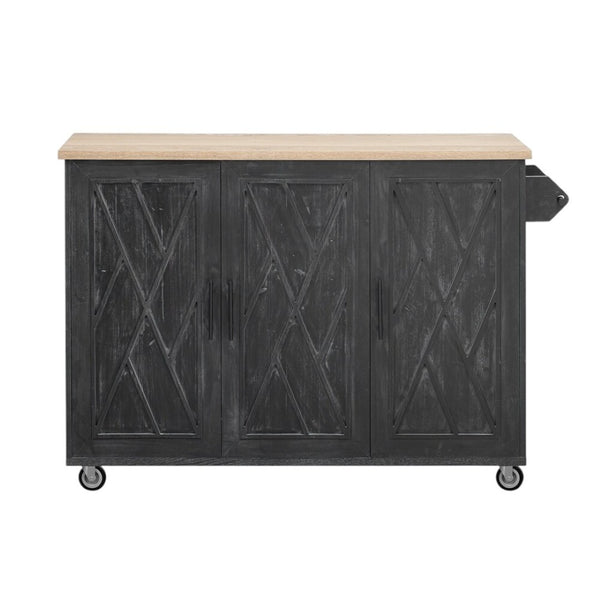 HomeRoots 51" Black Wood Barn Door Kitchen Island - Rustic Charm with Expandable Workspace & Ample Storage 654043