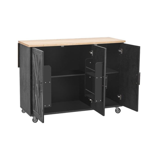 HomeRoots 51" Black Wood Barn Door Kitchen Island - Rustic Charm with Expandable Workspace & Ample Storage 654043