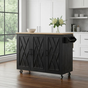 HomeRoots 51" Black Wood Barn Door Kitchen Island - Rustic Charm with Expandable Workspace & Ample Storage 654043