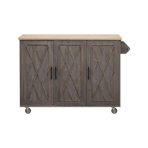 HomeRoots 51" Brown Wood Barn Door Rolling Kitchen Island - Rustic Versatility, Ample Storage & Expandable Workspace 654044