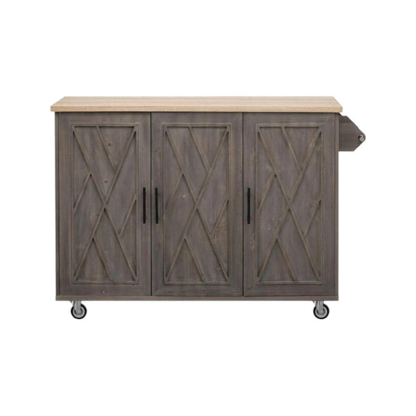HomeRoots 51" Brown Wood Barn Door Rolling Kitchen Island - Rustic Versatility, Ample Storage & Expandable Workspace 654044