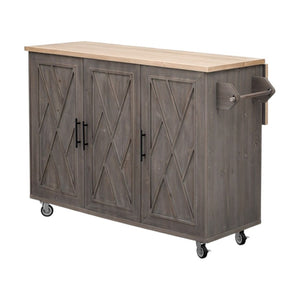 HomeRoots 51" Brown Wood Barn Door Rolling Kitchen Island - Rustic Versatility, Ample Storage & Expandable Workspace 654044
