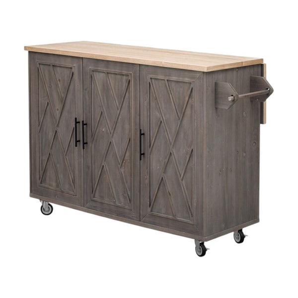 HomeRoots 51" Brown Wood Barn Door Rolling Kitchen Island - Rustic Versatility, Ample Storage & Expandable Workspace 654044