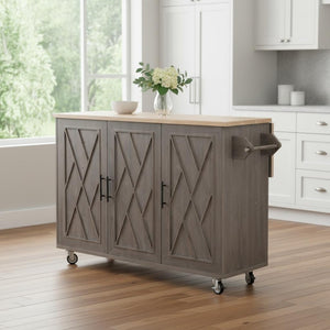 HomeRoots 51" Brown Wood Barn Door Rolling Kitchen Island - Rustic Versatility, Ample Storage & Expandable Workspace 654044