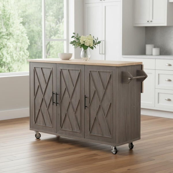 HomeRoots 51" Brown Wood Barn Door Rolling Kitchen Island - Rustic Versatility, Ample Storage & Expandable Workspace 654044