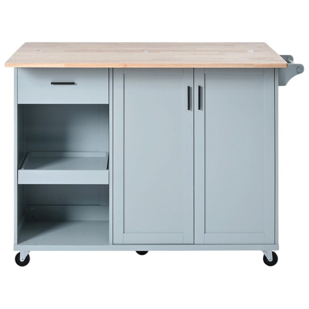 HomeRoots 49" Light Blue Rolling Kitchen Island with Expandable Surface, Sliding Barn Door & Ample Storage 654045