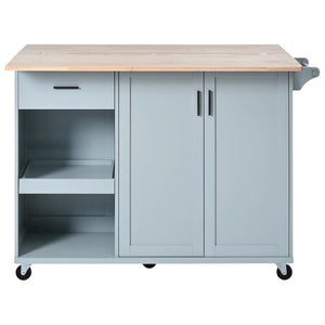 HomeRoots 49" Light Blue Rolling Kitchen Island with Expandable Surface, Sliding Barn Door & Ample Storage 654045